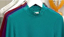 LOGO by Lori Goldstein Waffle Knit Long Sleeve Top Lace Mock Nock Teal - NEW