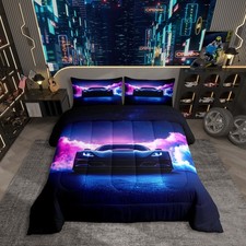 Boys Race Car Twin Size Bedding Set,Extreme Sports Car Bed for Boys ,Purple B...