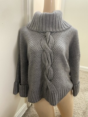 Sz SMALL Talbots Gray Wool Alpaca Turtle Cowl Neck Pullover 3/4 Sleeve Sweater