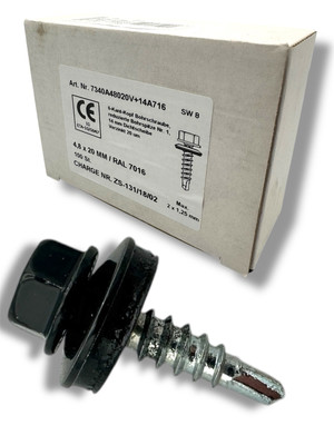 Trapzeblechschrauben Ø 4,8x20 - SW8 / Anthrazitgrau (RAL 7016)/ 100Stk / H2breg+