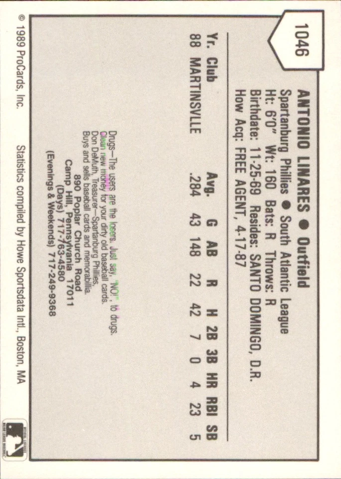 Antonio Linares 1989 ProCards Minor League T/S #1046 RC Spartanburg Phillies ** - Image 2 of 2