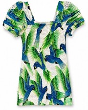 Farm Rio Araras Mini Dress XS White Blue Parrot Smocked Puff Sleeve