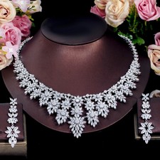 Long Flower Chandelier Earrings Necklace Bridal Zircon Silver Plated Jewelry Set