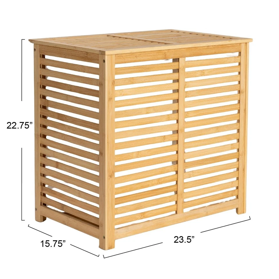 Clasificador de Lavandería Doble Bambú y Algodón con Tapa y Bolsas de Algodón Extraíbles, N... Foto 2 de 4