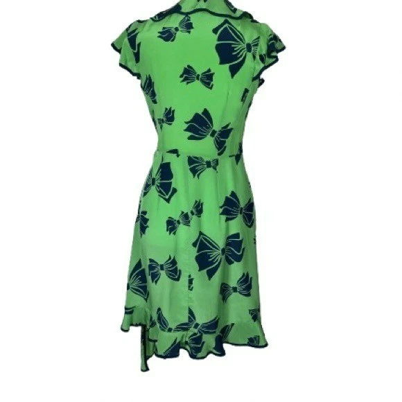 Nanette Lepore Lime and Navy Bow Patterned Midi Dress 100%Silk Size 4 - Image 3 of 4