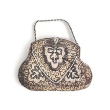 Vintage 1940's Micro Beaded Evening Bag Metal Frame Chain Strap Satin Lining BS