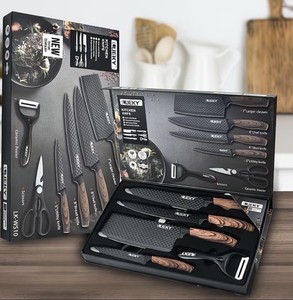 6-Piece Couteau de cuisine, Couteaux de coupe de la viande Chef w/ boîte cadeau, Noir