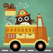Owl in Firetruck and Squirrel by Nancy Lee Art Print Fireman Room Poster 12x12