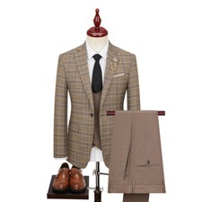 Men's Khaki Check Notch Lapel Single Breasted Three Piece Business Work Slim Flt