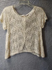 Sans Souci Women Shirt Medium Ivory Lace Overlay Cropped Short Sleeve Blouse Top