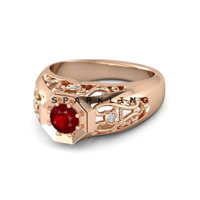 Ruby Round Cut With 925 Sterling Silver Gold Plated Ring For Men's #D750