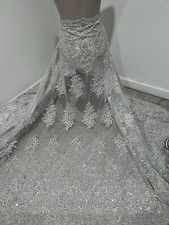 Silver White Heavy Beaded Sequins Embroidery Bridal Lace Fabric 50  Width 1 Yard
