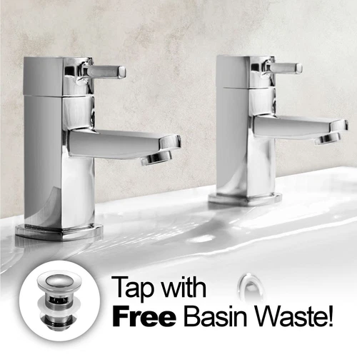 Nes Home Square Bathroom Chrome Basin Hot & Cold Tap & Waste