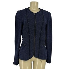 Rebecca Taylor Size 4 Women Weave Tweed Blue Blazer Raw Hems Zip Up Closer 49-29