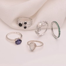 925 Sterling Silver Multi Gemstone Three Stone Solitaire Women Ring 5 Pcs Combo