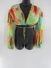 Shein Women's Y2K Red Green Blue Balloon Sleeve Crop Top w/Tie Size Large: New