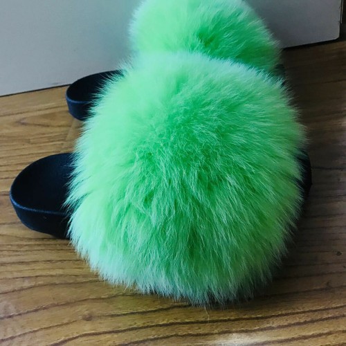 neon green fluffy slides