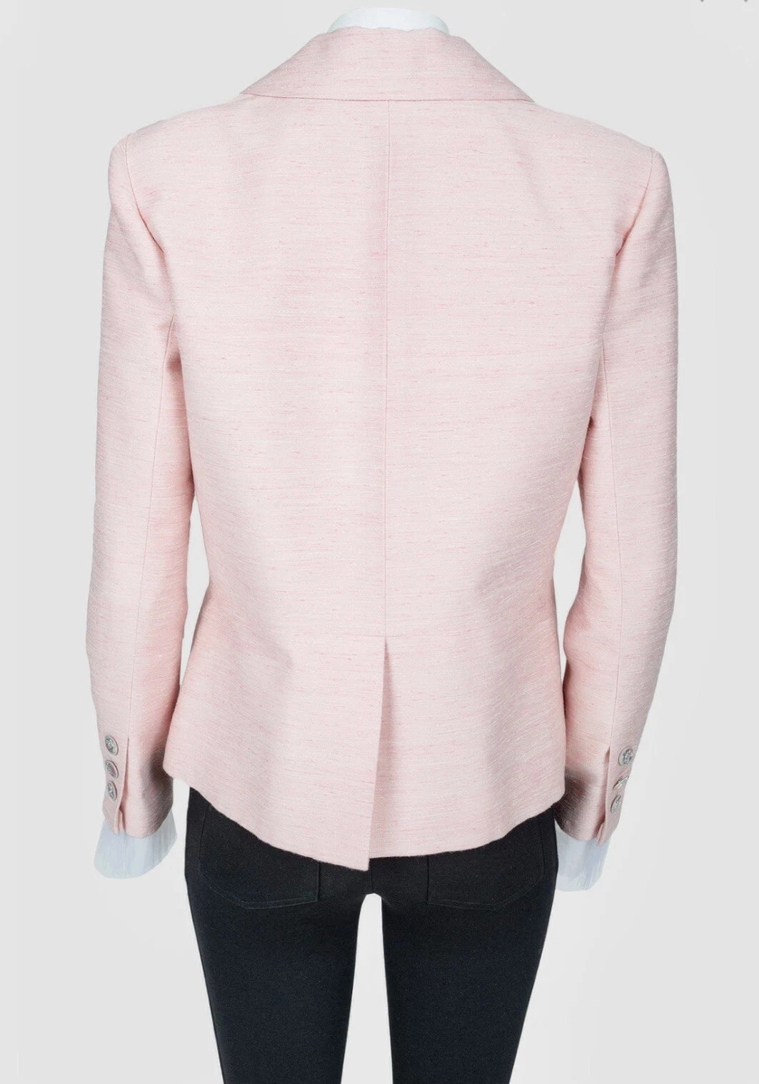 Blazer Favoloso Autentico Chanel Cuba Runway Rosa Seta Logo Bottoni Taglia 44