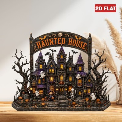 Personalized Halloween Haunted House Wood Block 2D FLAT Ghost Spooky Season Gift