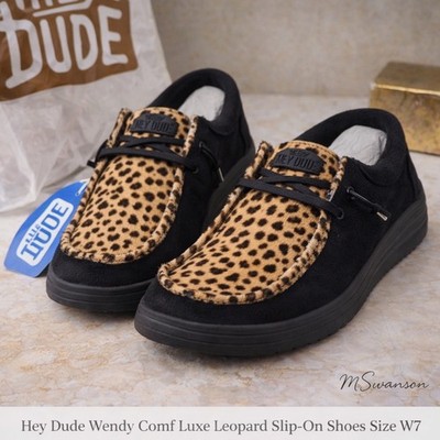 NEW Hey Dude Wendy Comfy Luxe Leopard Calf Hair Slip-On Shoes W7