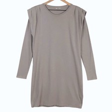 ST. ROCHE Padded Shoulder Long Sleeve T-Shirt Mini Dress Sz M Taupe Jersey Knit