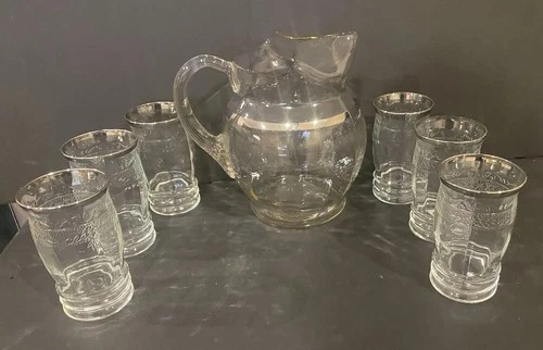 Macbeth Evans Stippled Rose Band Depression Clear Glass Water Pitcher 6 Tumblers