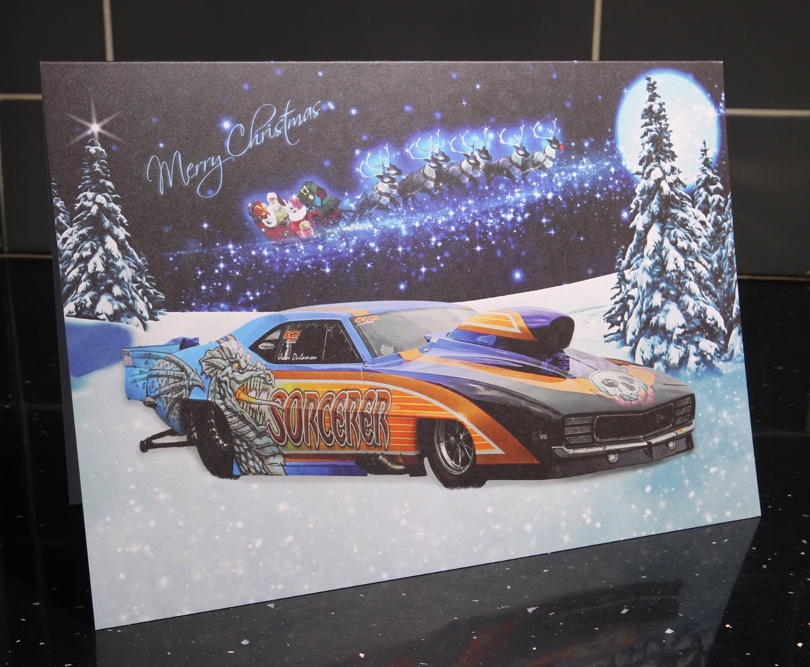 Drag Racing Christmas Xmas Card Santa Pod. Jean Dulamon Pro Mod. Sorcerer