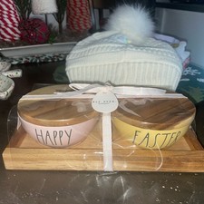 Rae Dunn "Happy Easter " Mini-Bowl Set Of 2 With Wood Tray NWT