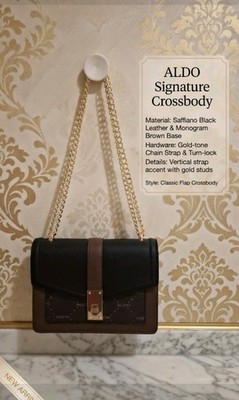 ALDO Signature Crossbody Monogram Bag Gold Chain Strap Turn Lock Black Brown