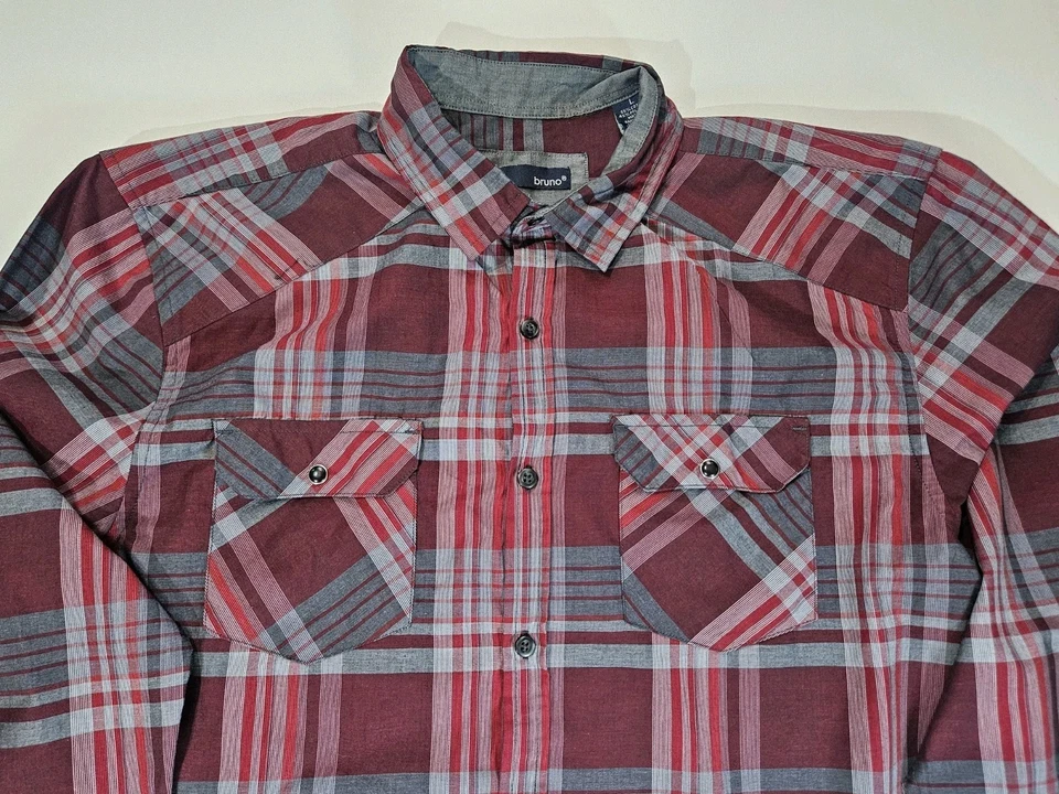 Bruno Mens Button Down Large Red Plaid Classic Casual Outdoor Performance Shirt - Image 2 of 4