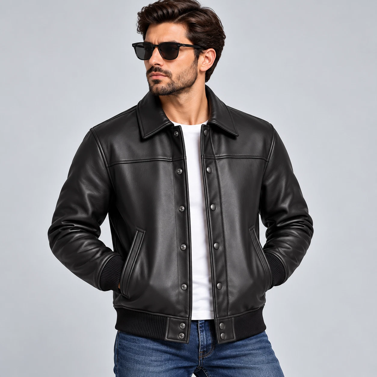 Men's Black Quilted Leather Bomber Jacket Ribbed Cuffs Classic Vintage Coat image 1