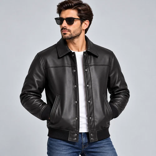 Men's Black Quilted Leather Bomber Jacket Ribbed Cuffs Classic Vintage Coat - product listing photo