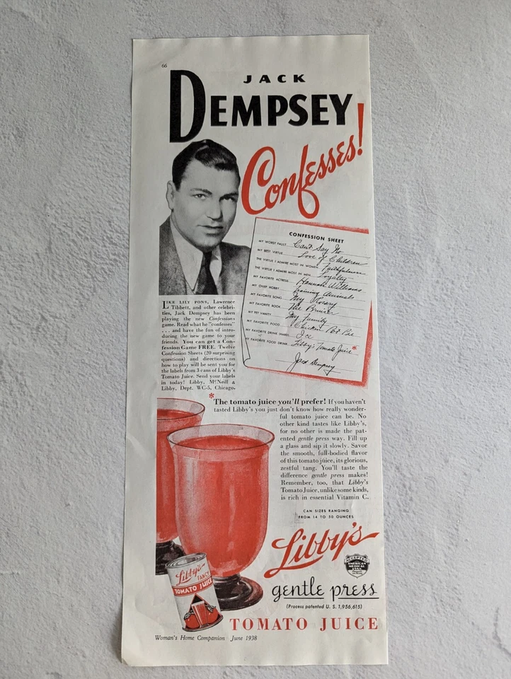 1938 Boxer Jack Dempsey Confesses Libby's Tomato Juice 1/2 Page Print Ad - Image 2 of 4