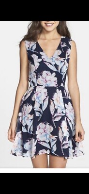 French Connection Dress Women 8 Blue Babydoll Shadow Bloom Flared Romantic