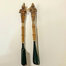 Vintage 1970's Mid-Century ARMORED KNIGHTS Bamboo Shoe Horn and Buff Brush Set