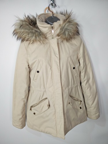 Para mujer ZARA EUR XS Acolchada Chaqueta De Piel Con Capucha Corto Beige  abrigo cintura lazo | eBay