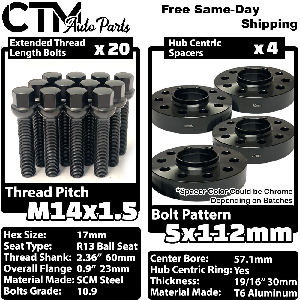 4x 30mm Thick 5x112 57.1mm CB Wheel Spacer Black Bolt Audi McLaren Stock Wheels