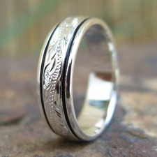 Hawaiian Sterling Silver Floral Scroll Black Border Wedding Ring Band 6mm SR1156