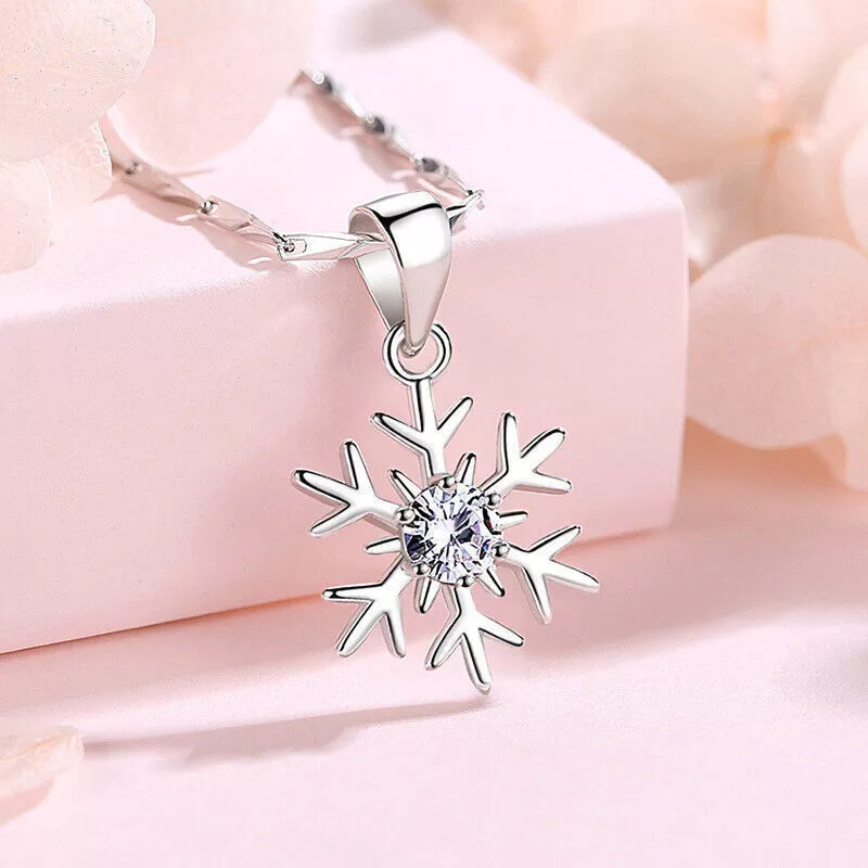Frozen Flower Pendant Snowflake Necklace with Diamond Sterling Silver For Women