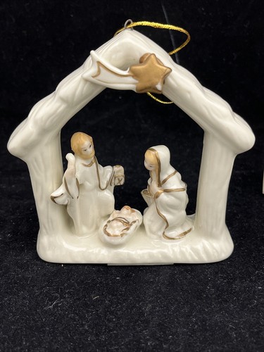 Vintage Internationaler Basar Elfenbein & Gold Krippe Weihnachtsschmuck in Box. - Bild 2 von 6