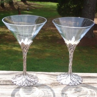 Set of 2 GREY GOOSE Vodka Clear Glass 6 Oz MARTINI GLASSES Silverplate Leaf Stem