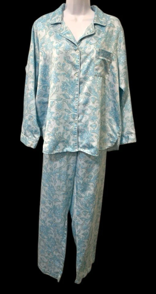 Conjunto de pijama de cachemira con botones delanteros Miss Elaine para mujer talla L azul blanco ropa de dormir Foto 2 de 4