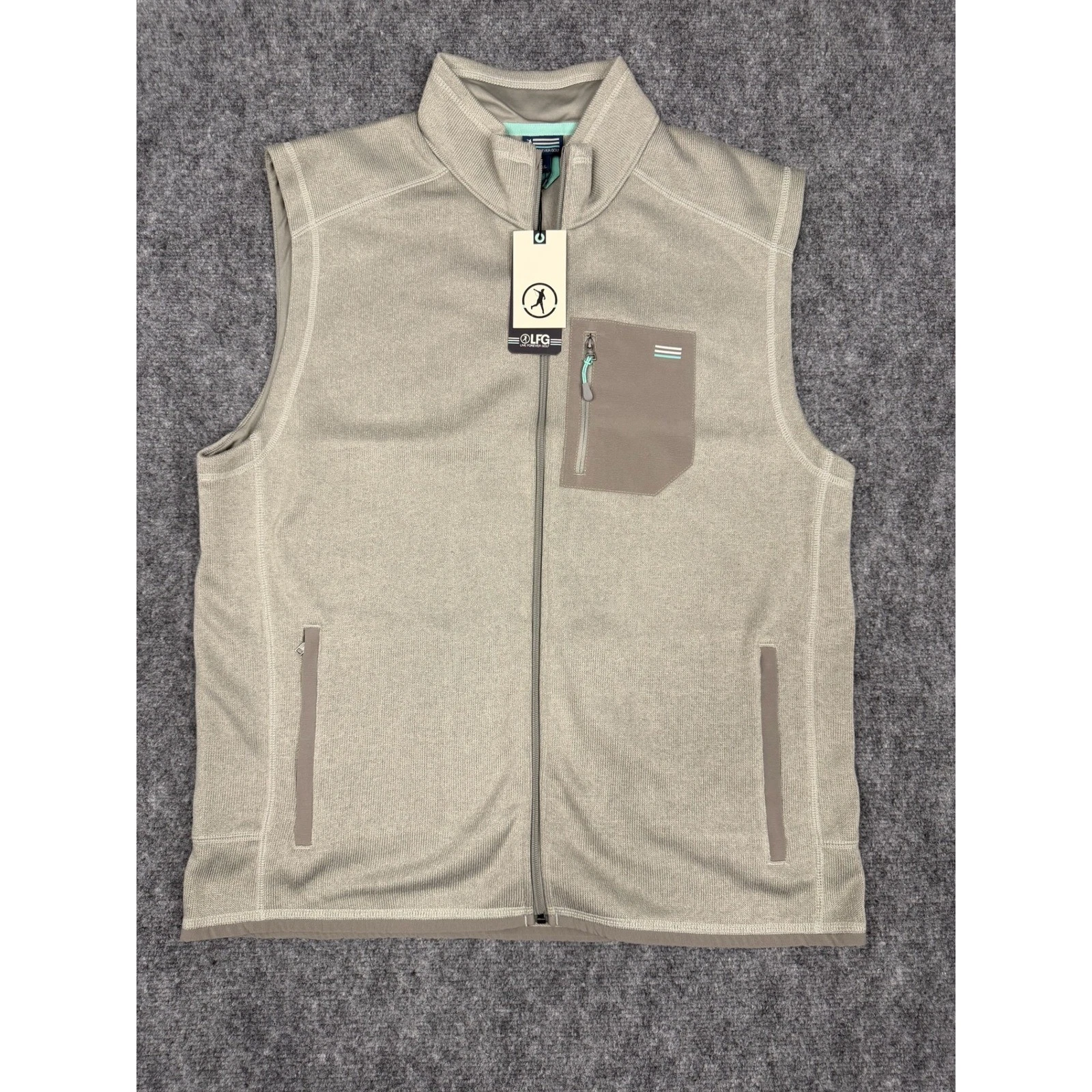 Live Forever Golf Mens 2XL Full Zip Fleece Vest Tan Khaki Mint Green LFG NWT image 1