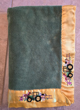 John Deere Green Yellow Edge Satin Baby Blanket Embroidered Tractor Farm Horse