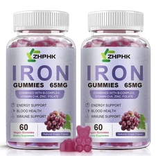Vegan Iron Supplement 65mg Iron Gummies for Women and Men with Vitamin C 250m...