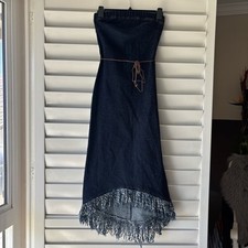 Vintage 90s Forever 21 Denim Western Strapless Fringe Hi Low Jean Dress Size S