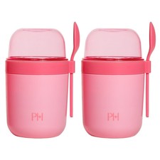 Paris Hilton Snack Cup Set 2-Pack 3 Compartments Leak-Proof w/ Spoon Pink