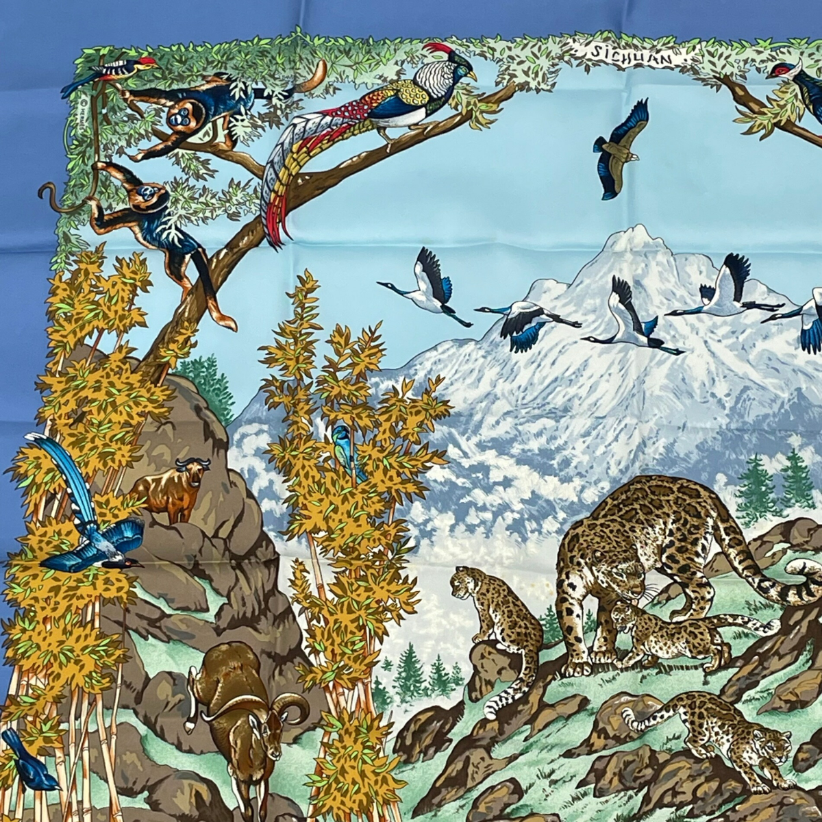 HERMES Carré 90 SICHUAN silk scarf blue wildlife landscapes of