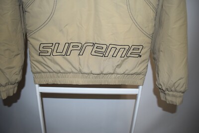 Supreme Zig Zag Stitch Hooded Puffy Jacket Beige Zip UP Logo