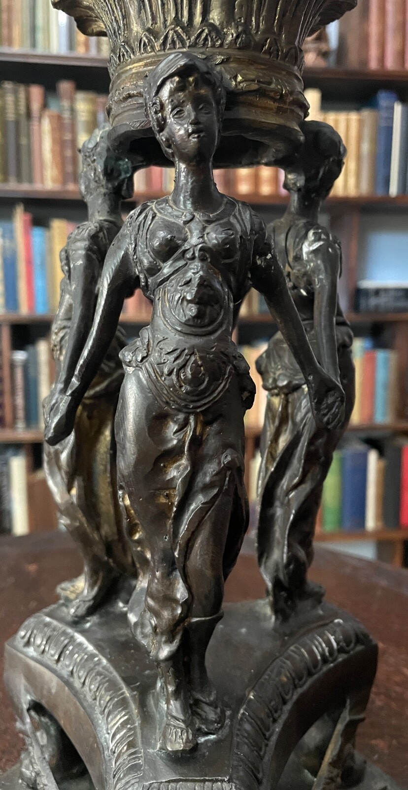 VINTAGE MYTHOLOGICAL "3 GRACES" ART NOUVEAU STYLE BRONZE CANDLE HOLDER, 15" Tall